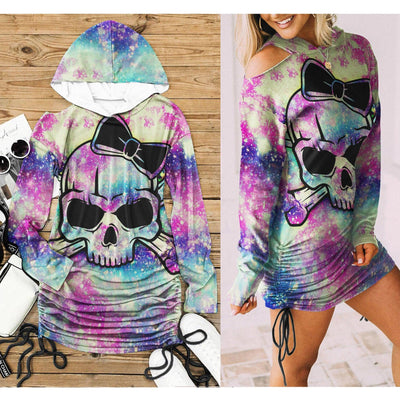  Christmas Rainbow Skull Print Open Shoulder Dress-Wonder Skull