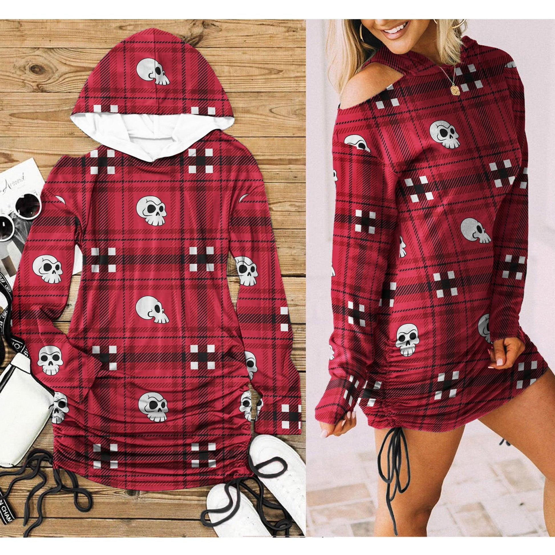 Christmas Red Black Skull Plaid Print Open Shoulder Dress - Wonder Skull