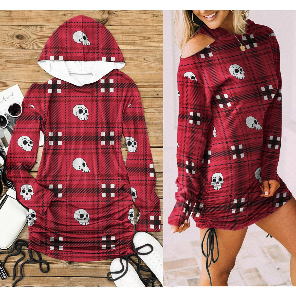 Christmas Red Black Skull Plaid Print Open Shoulder Dress - Wonder Skull