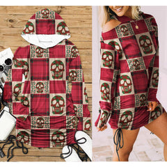 Christmas Red Skull Checked Pattern Print Open Shoulder Dress - Wonder Skull