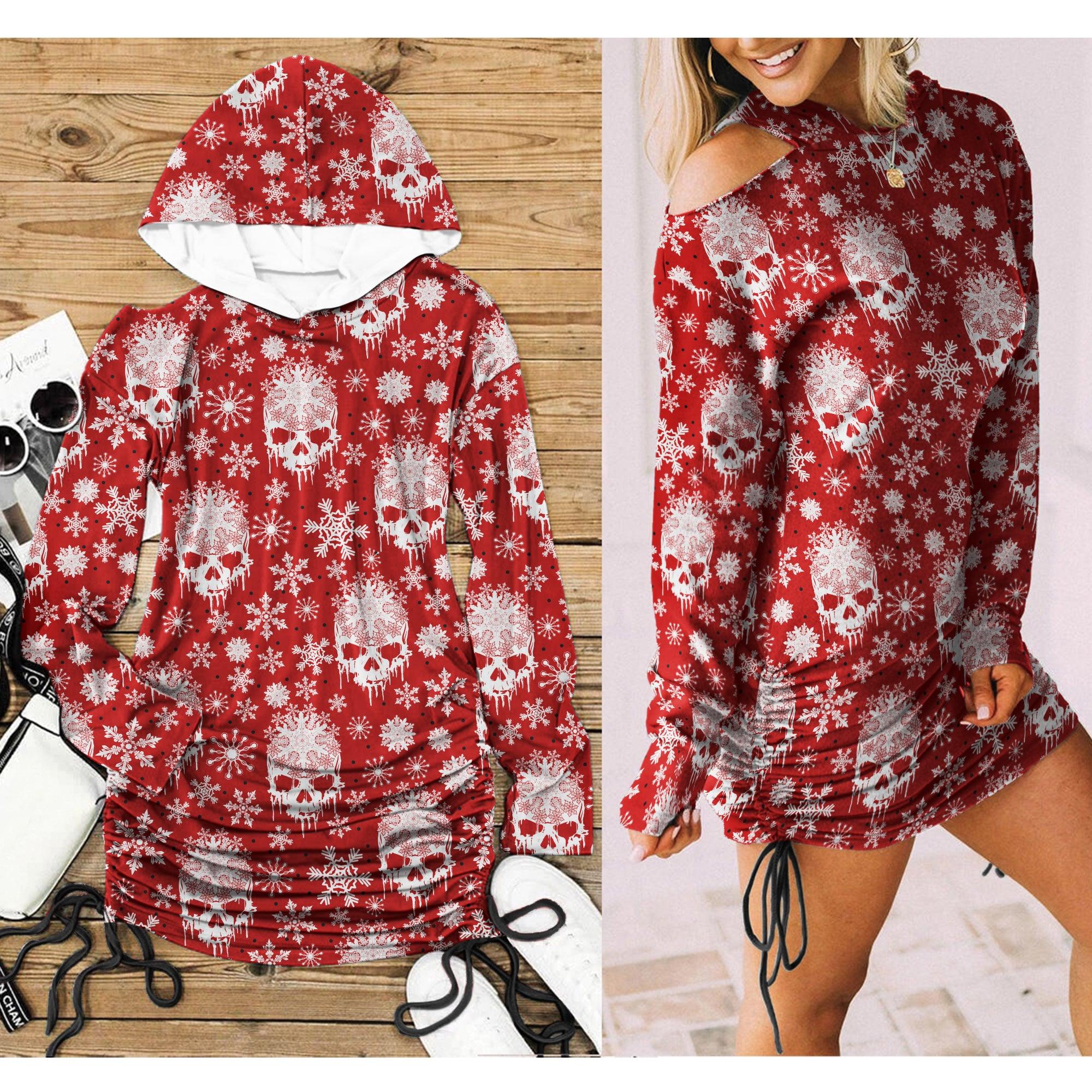 Christmas Red Skull Snowy Print Open Shoulder Dress - Wonder Skull