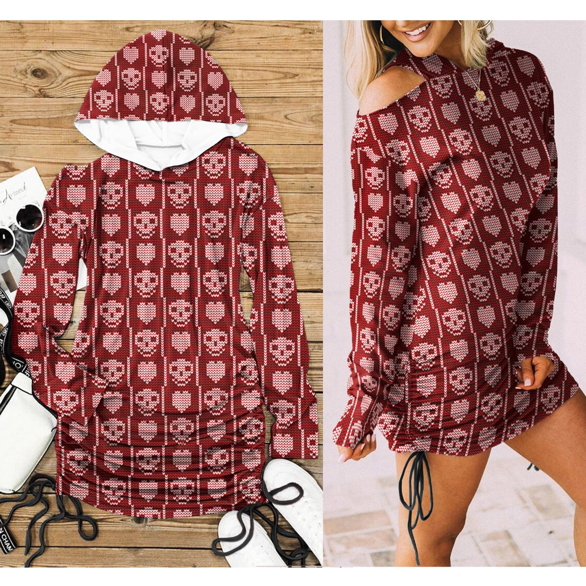Christmas Red White Skull Heart Print Open Shoulder Dress - Wonder Skull