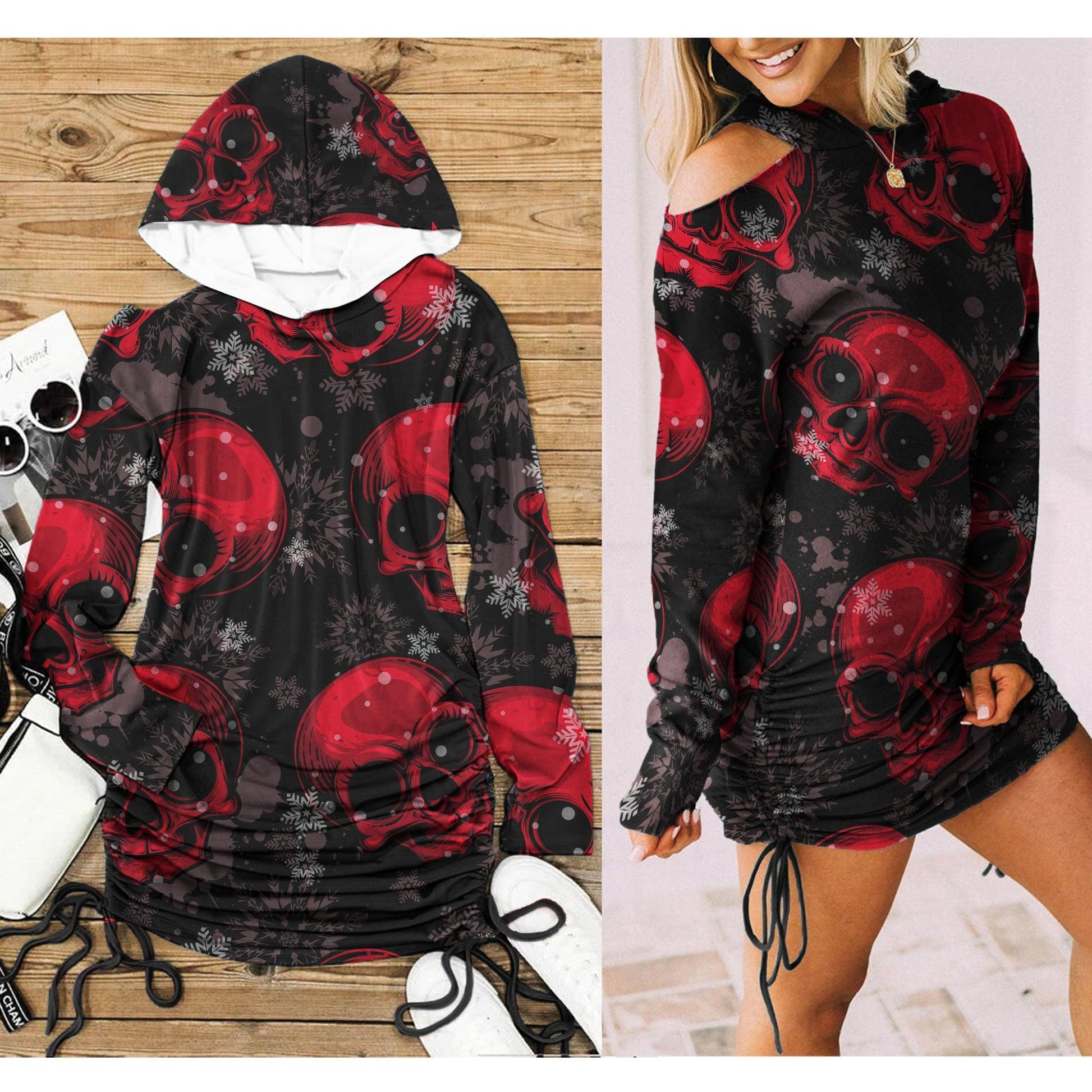 Christmas Skull Snow Flake Camo Print Open Shoulder Dress - Wonder Skull