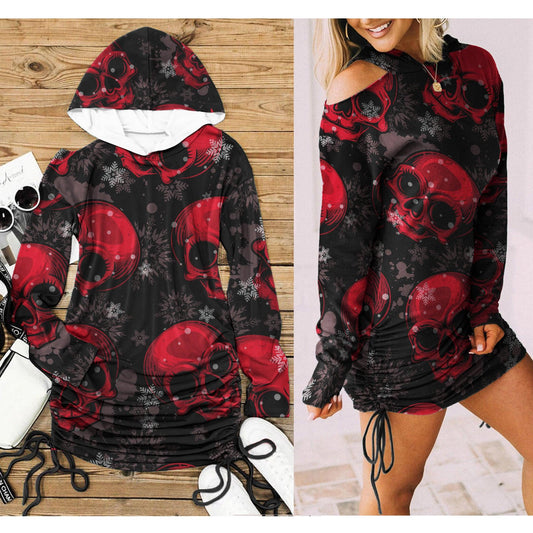 Christmas Skull Snow Flake Camo Print Open Shoulder Dress - Wonder Skull
