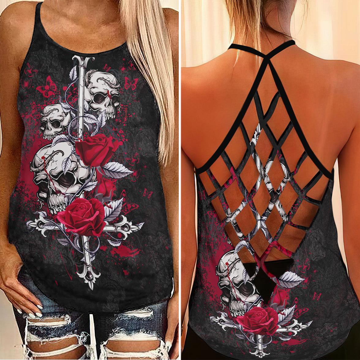 Cross Skull Gothic Rose Criss-Cross Open Back Tank Top, Coolest T-Shirt For Women - Wonder Skull