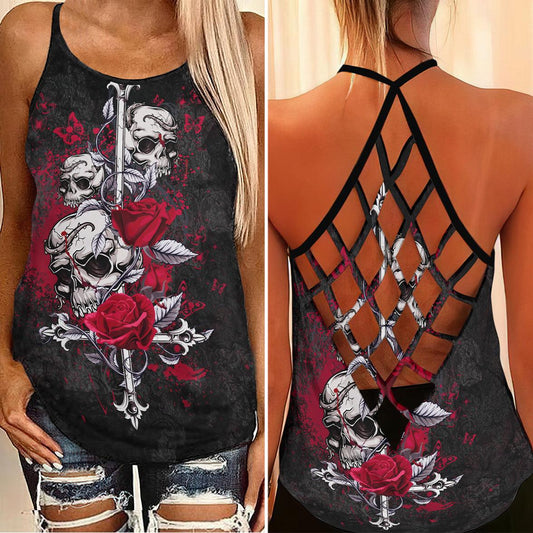 Cross Skull Gothic Rose Criss-Cross Open Back Tank Top, Coolest T-Shirt For Women - Wonder Skull