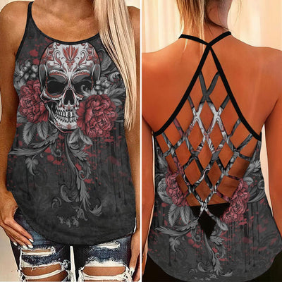 Dark Gothic Skull Rose Criss-Cross Open Back Tank Top, Coolest T-Shirt For Women - Wonder Skull