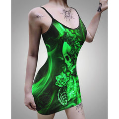 DarkGray Green Reflected Skull Printed Body Dress, Naughty Sleeveless Minidress For Women-Wonder Skull