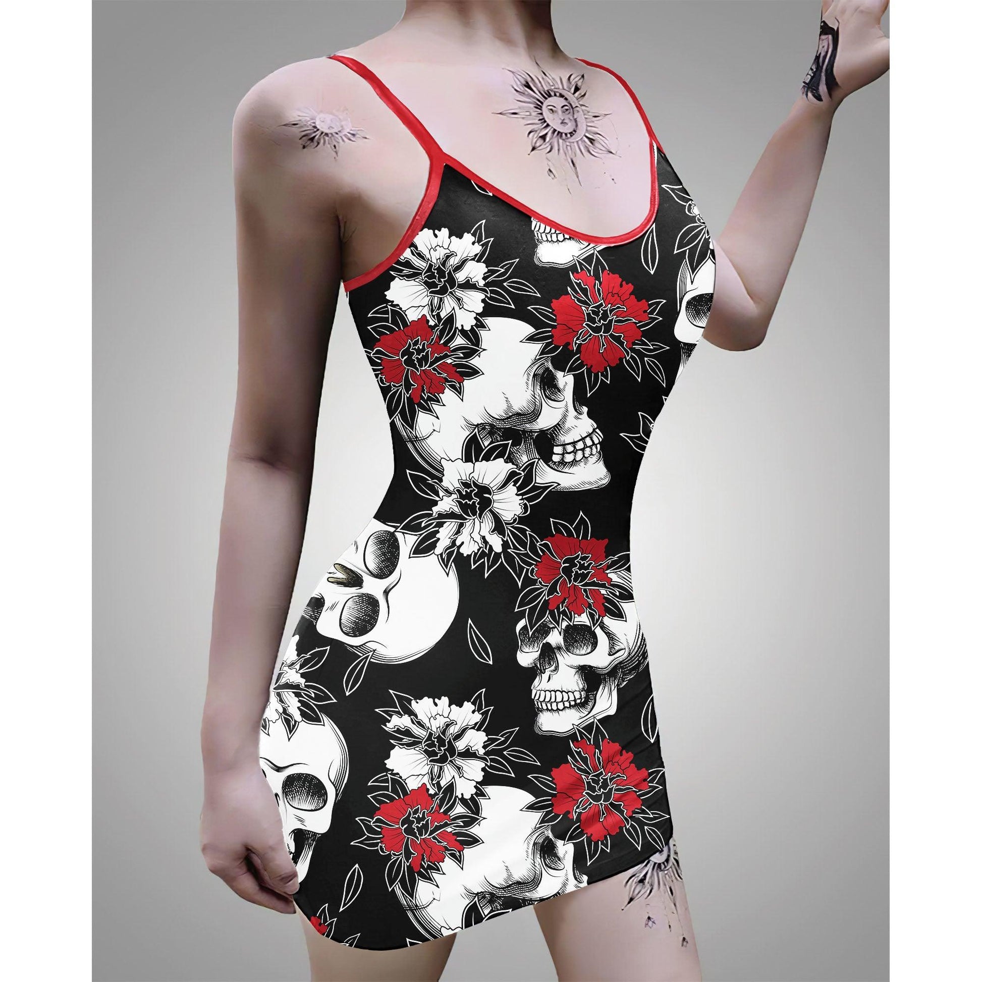 Dark Skull Roses Printed Body Dress, Naughty Sleeveless Minidress For Women-Wonder Skull