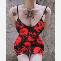 FireBrick Skull Lovers Printed Body Dress, Naughty Sleeveless Minidress For Women-Wonder Skull