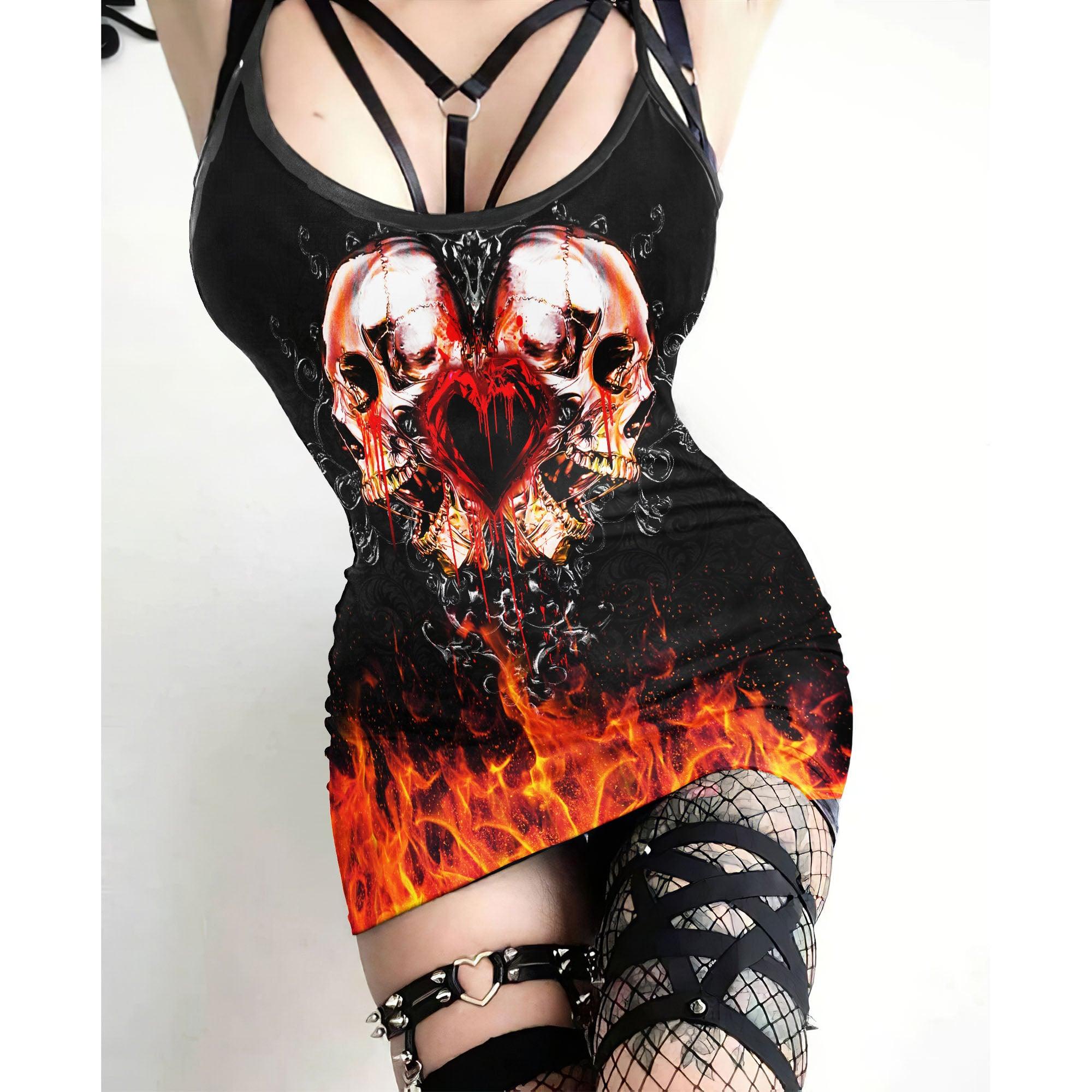 Fire Double Skull Heart Printed Body Dress, Naughty Sleeveless Minidress For Women-Wonder Skull