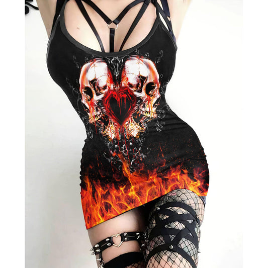 Fire Double Skull Heart Printed Body Dress, Naughty Sleeveless Minidress For Women-Wonder Skull