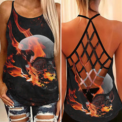 Fire Flame Skull Criss-Cross Open Back Tank Top, Coolest T-Shirt For Women - Wonder Skull