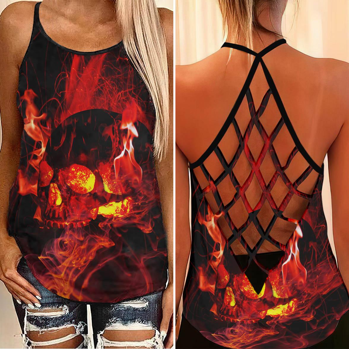 Fire Flow Gothic Skull Criss-Cross Open Back Tank Top, Coolest T-Shirt For Women - Wonder Skull