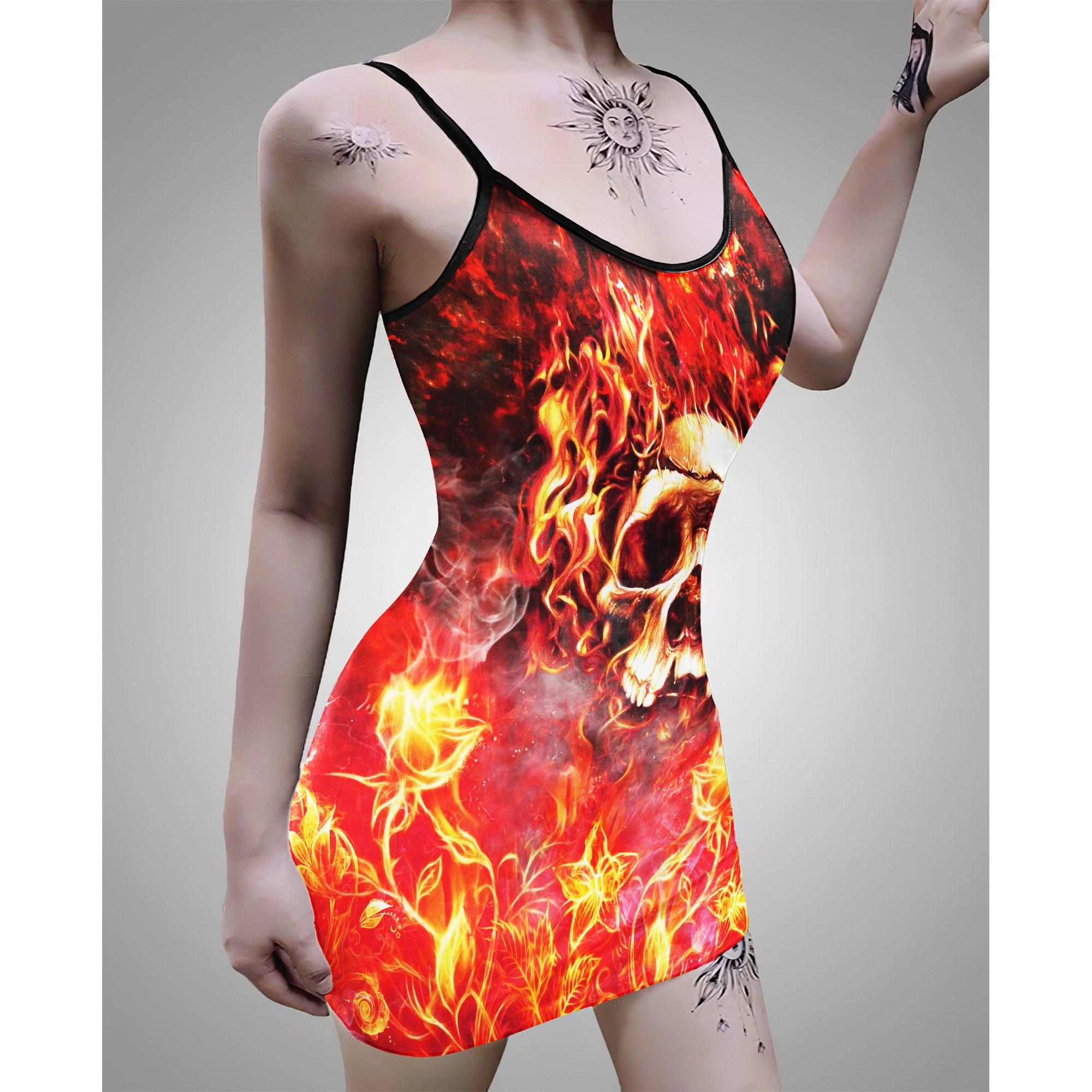 Flame Skull Print Dress For Women-Wonder Skull