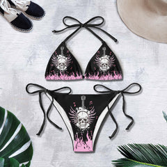 Pink Guitar Fire Skull Music Art String Triangle Bikini - Wonder Skull