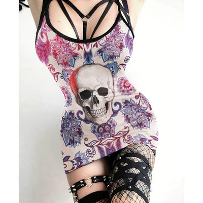 Fuchsia Negative Skull Printed Body Dress, Naughty Sleeveless Minidress For Women - Wonder Skull