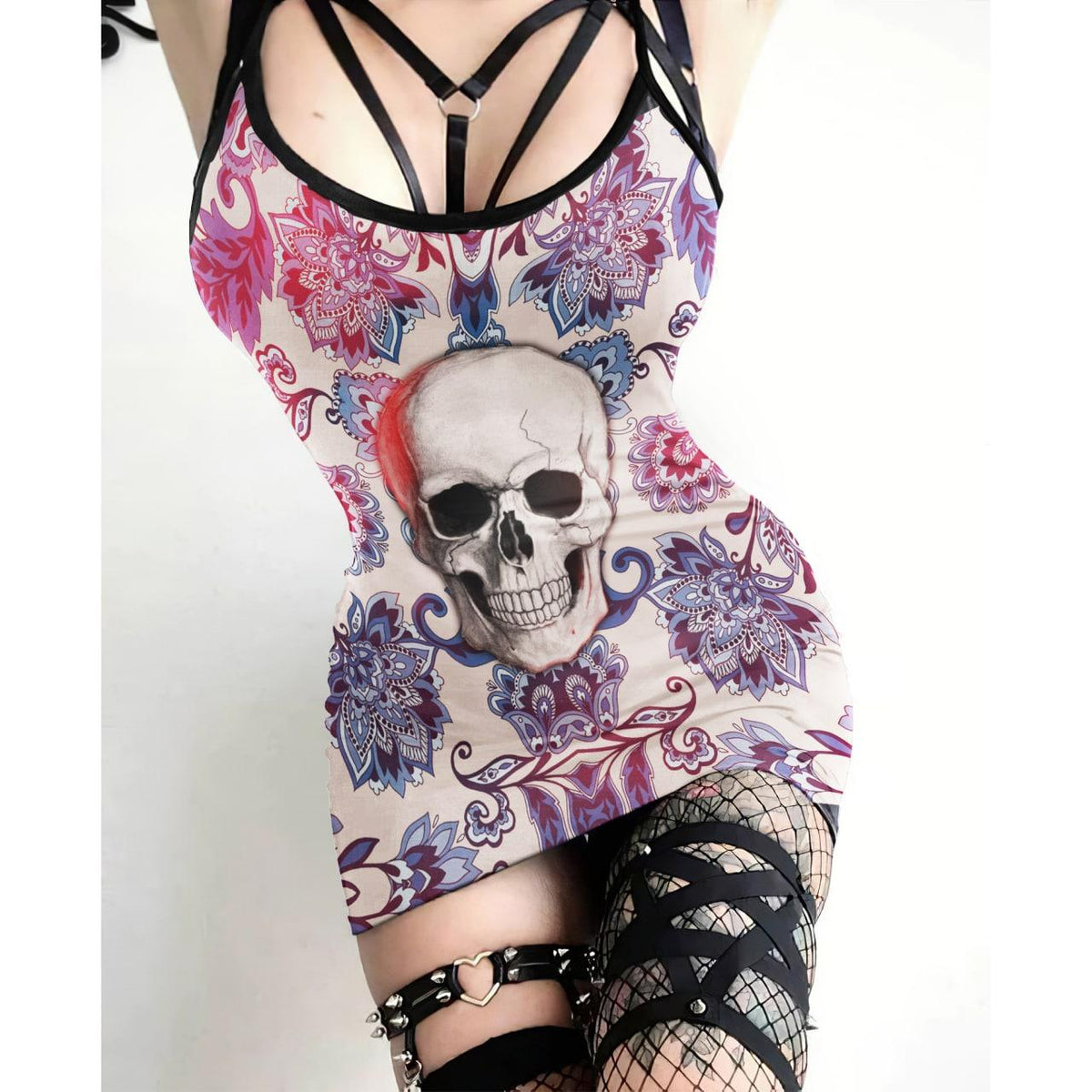 Fuchsia Negative Skull Printed Body Dress, Naughty Sleeveless Minidress For Women - Wonder Skull