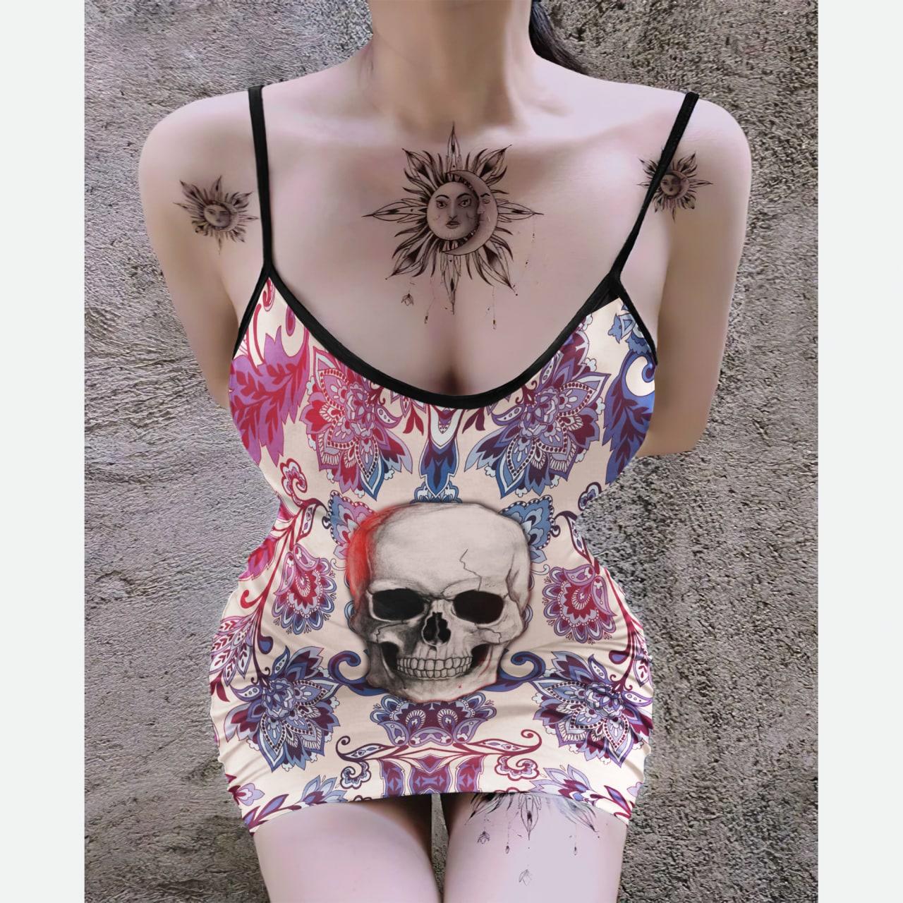 Fuchsia Negative Skull Printed Body Dress, Naughty Sleeveless Minidress For Women - Wonder Skull