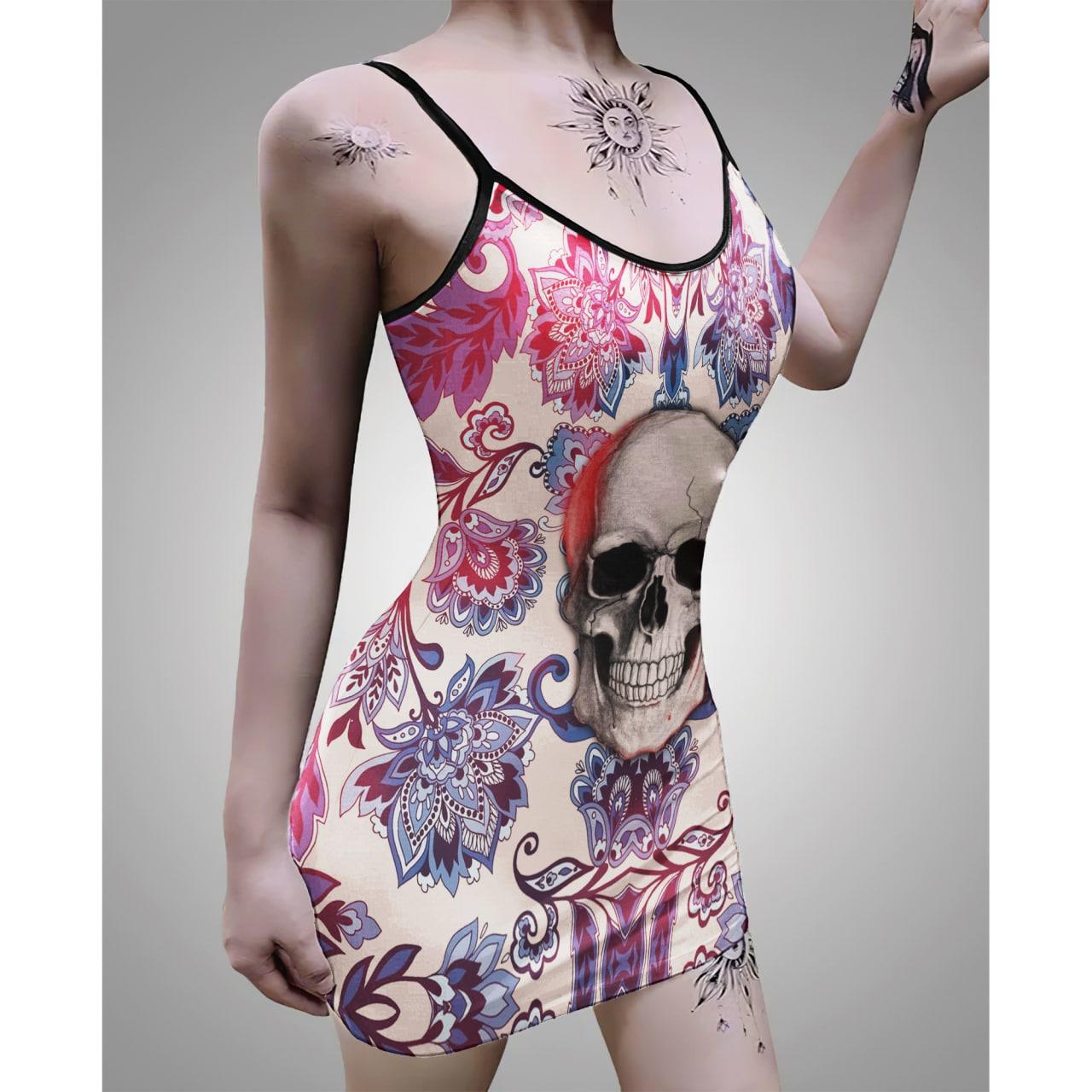 Fuchsia Negative Skull Printed Body Dress, Naughty Sleeveless Minidress For Women - Wonder Skull