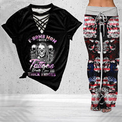 Funny Skull Mom V-Neck Shirt and Wide Legs Pants - Wonder Skull