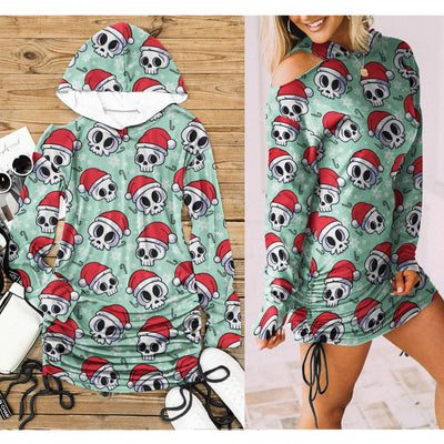 Funny Feliz Navidad Skull Print Open Shoulder Dress - Wonder Skull
