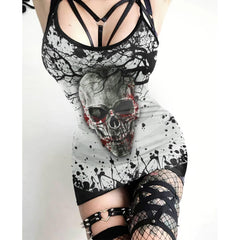 Gainsboro Bloody Skull Printed Body Dress, Naughty Sleeveless Minidress For Women-Wonder Skull-1