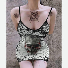Gainsboro Bloody Skull Printed Body Dress, Naughty Sleeveless Minidress For Women-Wonder Skull-3