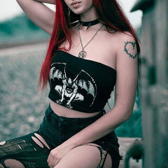 Goth Demon Print Black Tube Top, Sexy SleeveLess Clubwear For Women - Wonder Skull