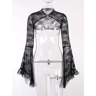 Gothic Black Flare Sleeve, Sexy See Through Sexy Crop Top For Women - Wonder Skull