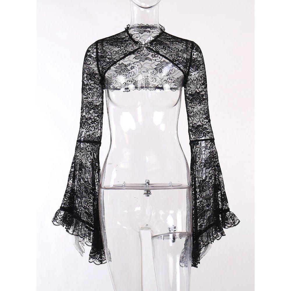 Gothic Black Flare Sleeve, Sexy See Through Sexy Crop Top For Women - Wonder Skull