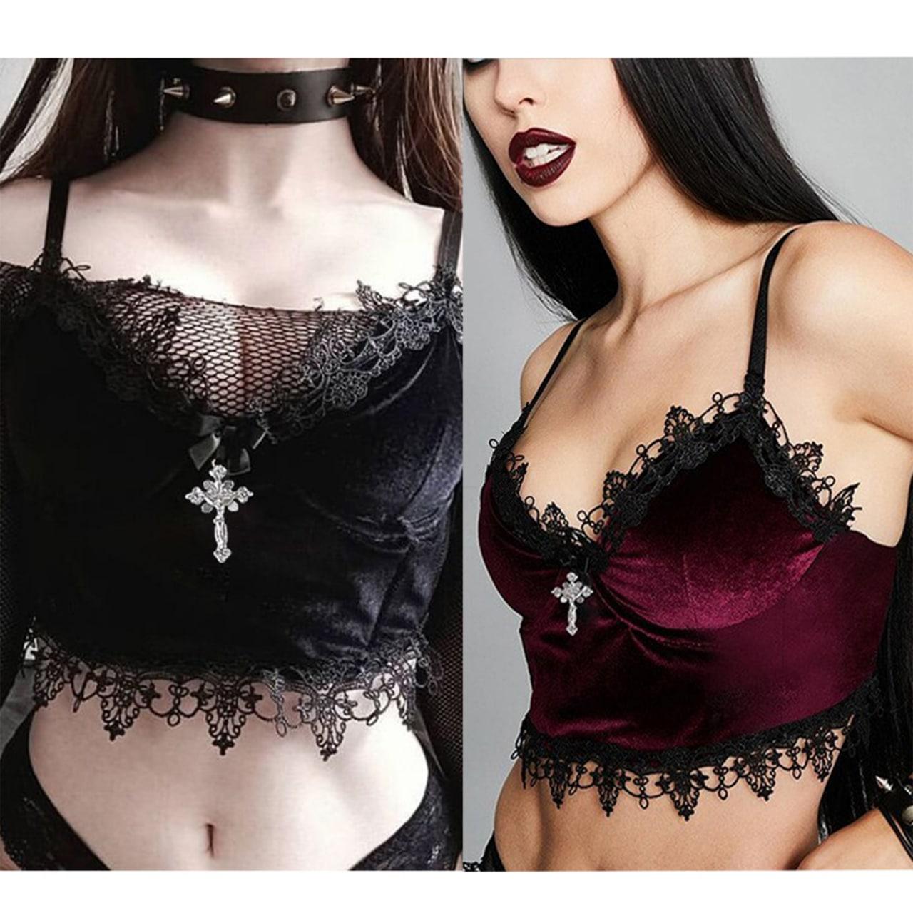 Gothic Black Lace Crop Tops, Sexy Spaghetti Strap For Women - Wonder Skull