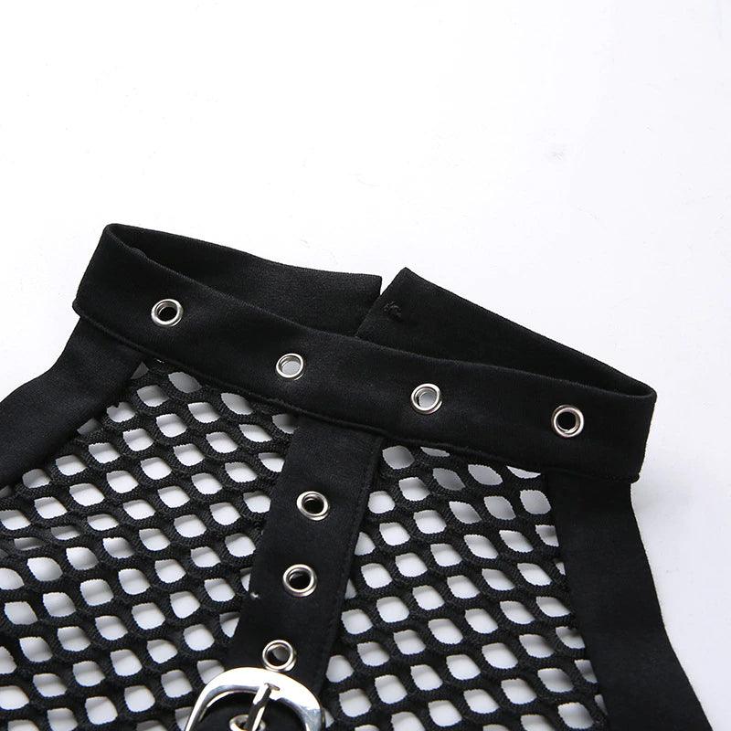Gothic Black Mesh Tank Top, Fire Fishnet Sleeveless Clubwear For Women - Wonder Skull