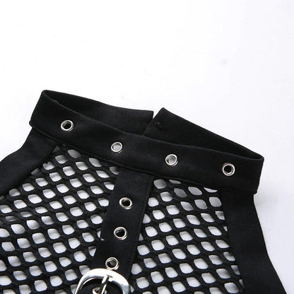 Gothic Black Mesh Tank Top, Fire Fishnet Sleeveless Clubwear For Women - Wonder Skull