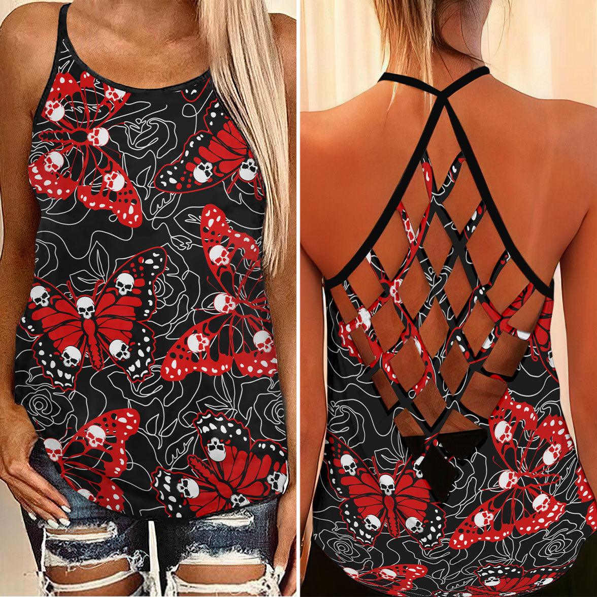 Gothic Butterfly Skull Wings Criss-Cross Open Back Tank Top, Coolest T-Shirt For Women - Wonder Skull