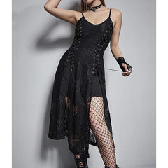 Gothic Dark Split Lace Sexy Midi Dresses, Fashionable Sleeveless Partywear For Women - Wonder Skull