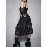 Gothic Dark Split Lace Sexy Midi Dresses, Fashionable Sleeveless Partywear For Women - Wonder Skull