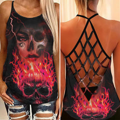 Gothic Girl Skull Flame Thunder Criss-Cross Open Back Tank Top, Coolest T-Shirt For Women - Wonder Skull