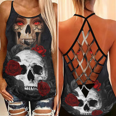 Gothic Girl Skull Rose Criss-Cross Open Back Tank Top, Coolest T-Shirt For Women - Wonder Skull