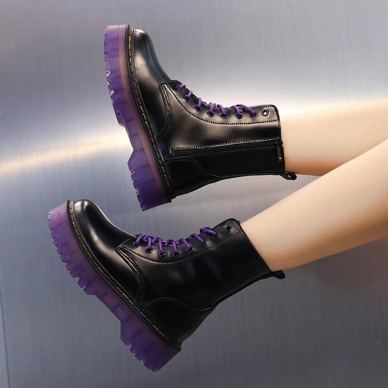 Gothic Leather Black Purple Boots, Impressive Casual Footwear For Women - Wonder Skull