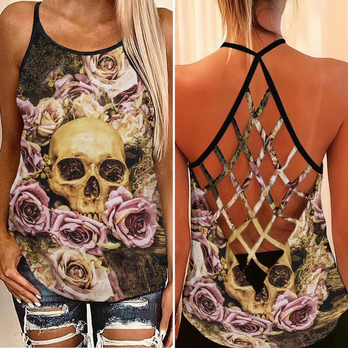 Gothic Pink Brown Pattern Criss-Cross Open Back Tank Top, Trending T-Shirt For Women - Wonder Skull