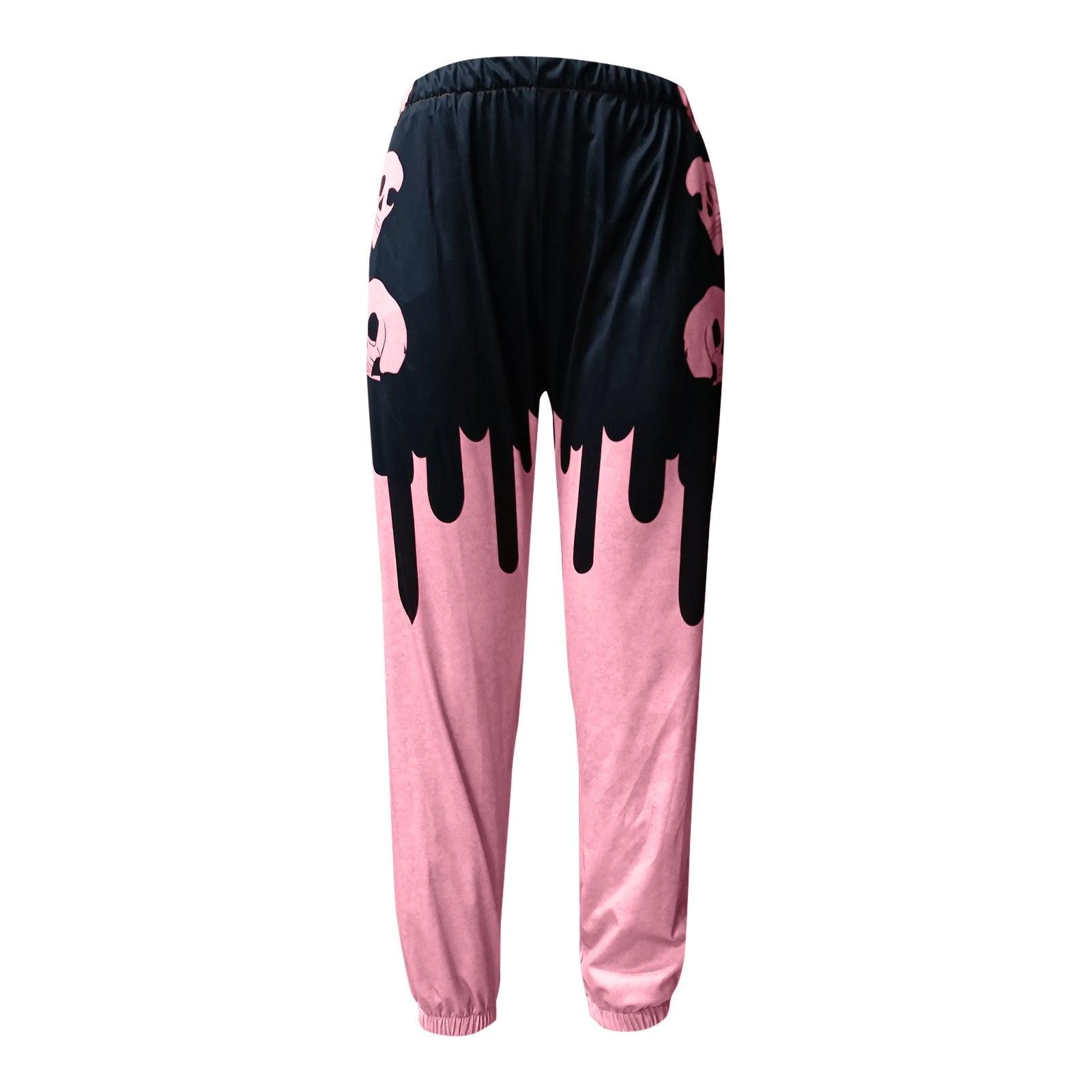 Vintage Gothic Skull Print Wide Pants, Impressive Pink Black Sportwear For Women - Wonder Skull