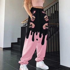 Vintage Gothic Skull Print Wide Pants, Impressive Pink Black Sportwear For Women - Wonder Skull