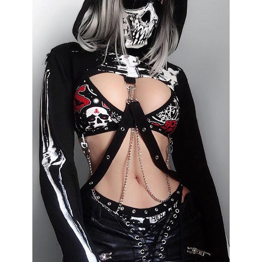 Gothic Scary Skull Hooded Hoodies, Impressive Skeleton Printed Long Sleeves Croptop For Women - Wonder Skull