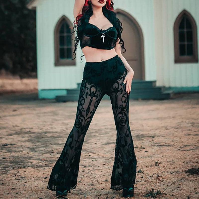 Gothic See-Through Flare Pants, Attractive Long Bottom Wear For Women - Wonder Skull