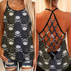 Gothic Skull Gradient Pattern Criss-Cross Open Back Tank Top, Trending T-Shirt For Women - Wonder Skull