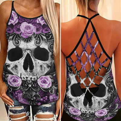 Gothic Skull Purple Roses Criss-Cross Open Back Tank Top, Coolest T-Shirt For Women - Wonder Skull