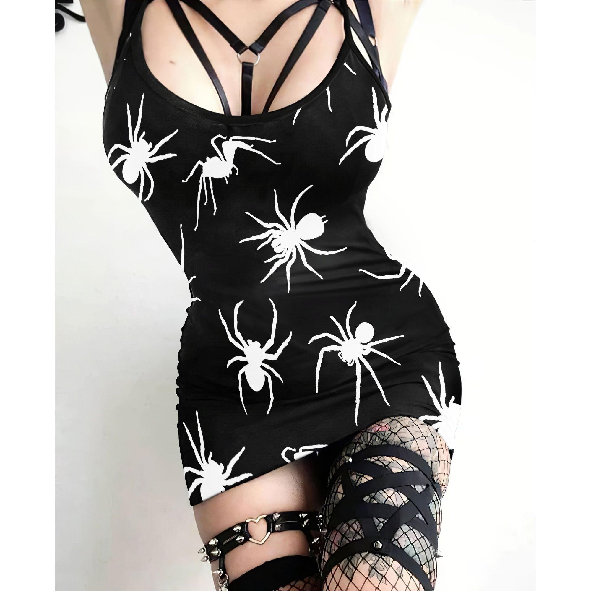 Gothic Spider Pattern Printed Body Dress, Hot Sleeveless Minidress For Women-Wonder Skull