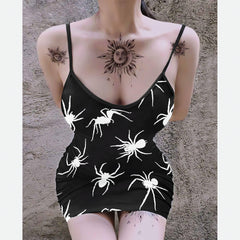 Gothic Spider Pattern Printed Body Dress, Hot Sleeveless Minidress For Women-Wonder Skull