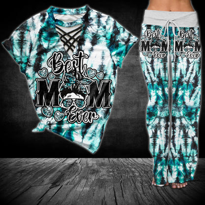 Gradiant Camo Green Skull Mom V-Neck Shirt and Wide Legs Pants - Wonder Skull